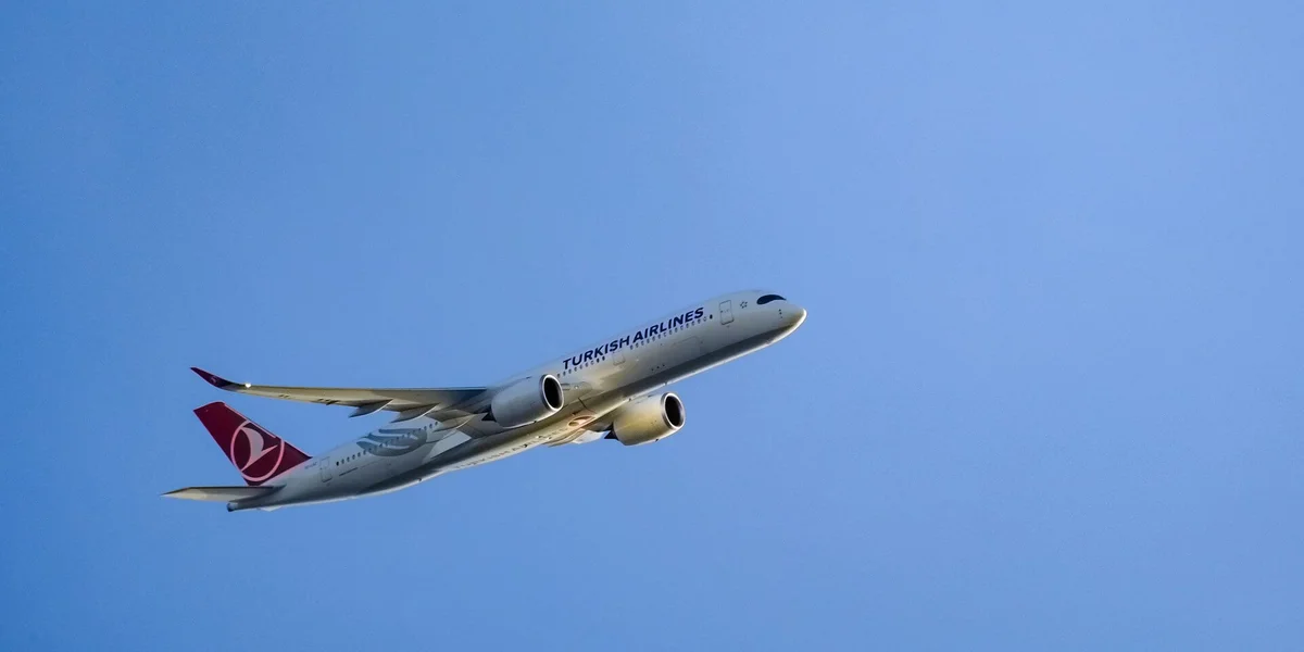 A THY airplane is flying in the blue sky. Photo by İrfan Simsar on Unsplash